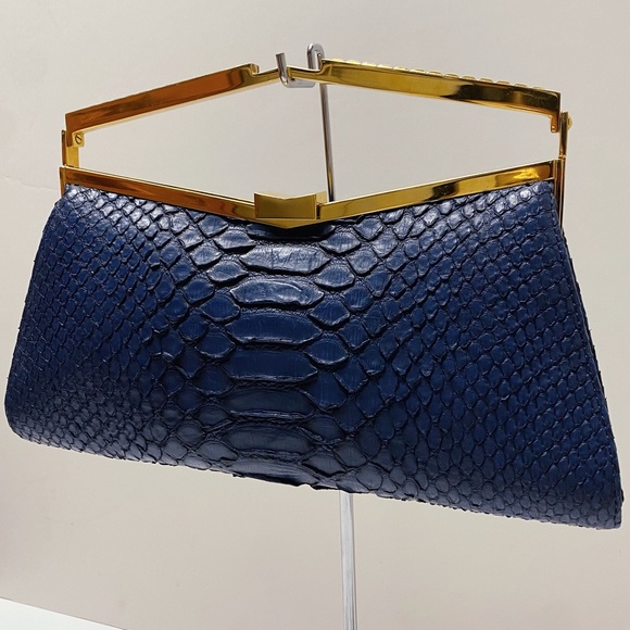 J. Mendel Paris Minuit Navy Blue Gold Python Snakeskin Top Handle Clutch Bag - Picture 1 of 11